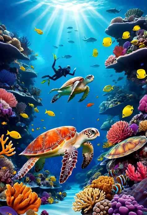 The background of the illustration is a wide and bright sea，Swimming octopus,  Sea turtle swimming in the distance, There is a beautiful area of coral reefs in the sea，Corals are colorful and diverse，It emits a colorful glow，There are also several small fi...