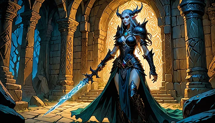 A girl in the dark Whispering Shadows dungeon, Seraphina, Elven Rogue, Stand ready for battle, Her dagger shines in the torchlight. In front of her, Terrifying Stone Golem, with their eyes shining brightly, Blocking the path to the legendary Starlight Crow...