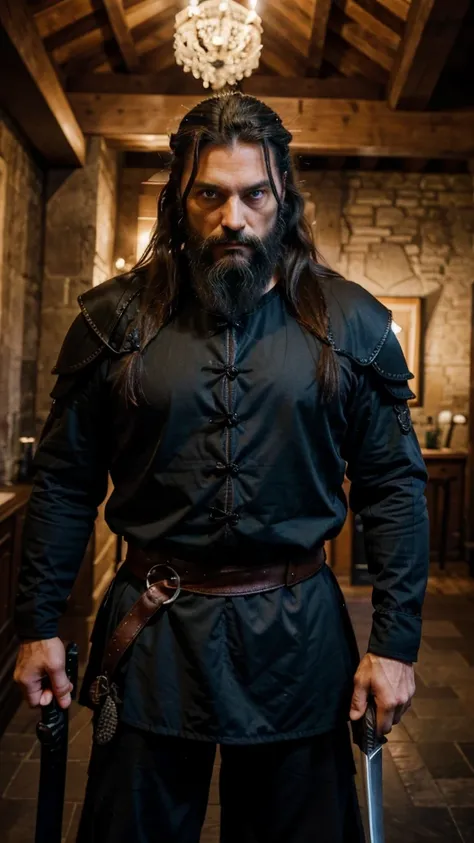 Italian man, age 45, long hair tied in a ponytail, extremely blue eyes, well-designed beard, brawny, with black armor, holding a black bladed sword, in a dark mansion 