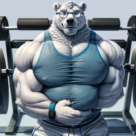 solo, 1boy, Huge Muscular old White Polar Bear wearing glasses, huge white fur, pectoral, huge pectoral, wide pectoral, short white hair, blue colored short pants, blue colored wristbands and blue colored tank top, white bearded, white Mustache, white fur,...