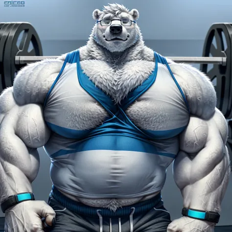 solo, 1boy, Huge Muscular old White Polar Bear wearing glasses, huge white fur, pectoral, huge pectoral, wide pectoral, short white hair, blue colored short pants, blue colored wristbands and blue colored tank top, white bearded, white Mustache, white fur,...