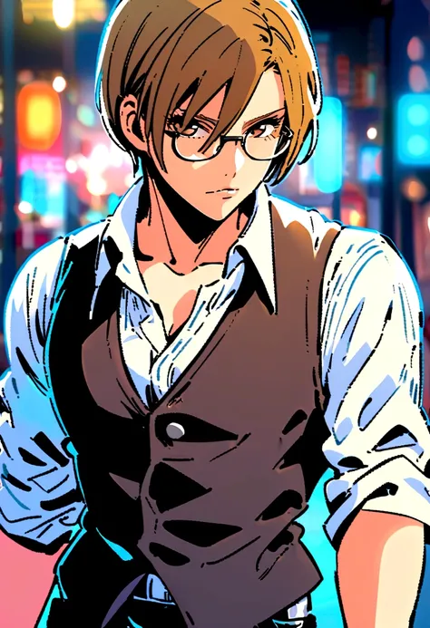 draw style, detailed, leon kennedy, white shirt, brown eyes, rolled up sleeves, black vest, slicked back light butter color hair a little messy, glasses on shirt neck, beautiful blurry background