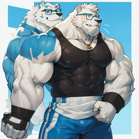 solo, 1boy, Huge Muscular White Polar Bear wearing glasses, huge white fur, pectoral, huge pectoral, wide pectoral, short white hair, blue colored short pants, blue colored wristbands and blue colored tank top, white bearded, white Mustache, white fur, sim...