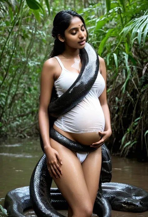  Pregnant Top quality, masterpiece, super high resolution, real photo, raw photo, cute, beautiful indian young teen girl, happy expression, joy, glossy skin, dramatic lighting, full body, full body wet, dirty white tank top, sheer with thin fabric, white s...