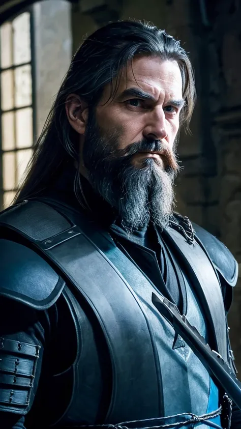 Italian man, age 45, long hair tied in a ponytail, extremely blue eyes, well-designed beard, brawny, with black armor, holding a black bladed sword, in a dark mansion 