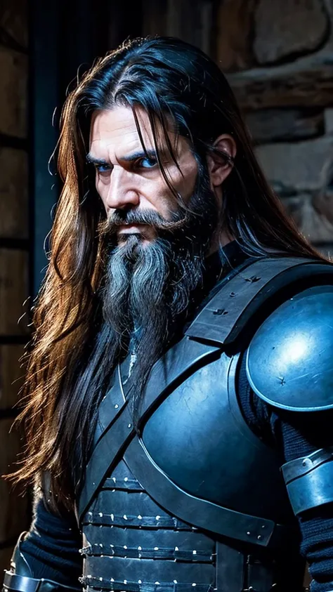 Italian man, age 45, long hair tied in a ponytail, extremely blue eyes, well-designed beard, brawny, with black armor, holding a black bladed sword, in a dark mansion 