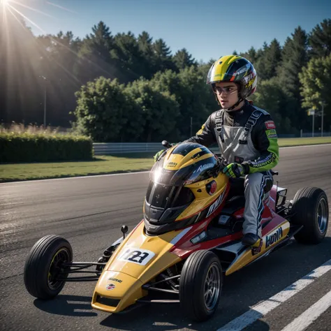 Professional kart racing, with professional costumes, professional overalls, professional helmet, cinematic lighting, ray tracing, lens flare, UHD, retina, accurate, textured skin, super detail, high details, high quality, highres, 4K