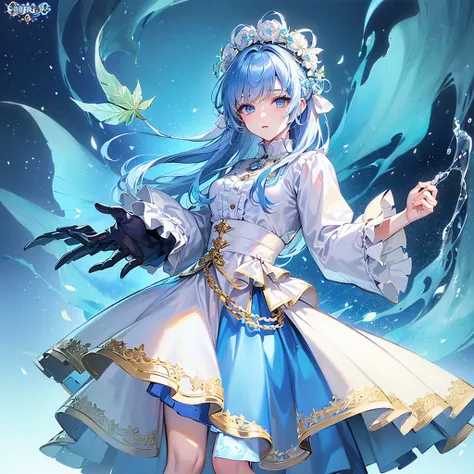 (((Masterpiece、Highest quality、Official Art、Super detailed、Handsome face、Dynamic composition)))、Anime Style、(Milky white and blue hair:1.3),(blue eyes:1.4),(Bright colors:1.4),((Hemp leaf background:1.3)),, Cool girl in gothic lolita outfit posing in palac...