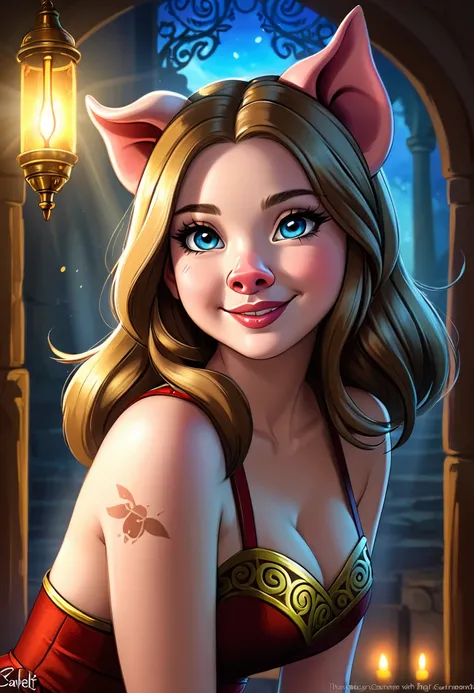 Create an illustrated, hand-drawn, full-color image of an  humanoid, hybrid, anthropomorphic,  sexy pig woman. The artwork should be rendered in the style of "Breath of the Wild," featuring warm lighting and shadows. Include graphite shading, stencil marks...