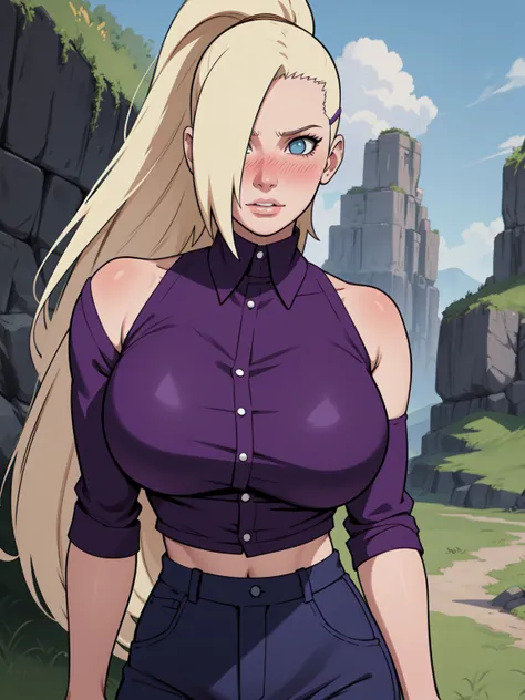 {-erro_de_anatomia:1.0} estilo anime, Masterpiece, absurdities, Yamanaka Ino(Naruto), 1girl Solo, woman, Perfect composition, Detailed lips, Beautiful face, body proportion, Blush, Long blonde hair, blue eyes, purple blouse, purple pant, Soft gauze, Super ...