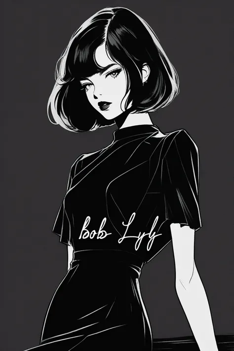 (best quality, sketch:1.2),realistic,illustrator,anime,1 girl, detailed lips, black dress,custom, (background dark monochrome), dark hair,textured cropping, masterpiece, style retro classic, noir dark, art, sketch book, (bob hair black:1.75 neon:1.32), bad...