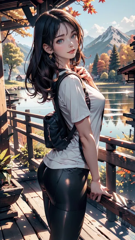 24-year-old woman、Sexy proportions、Long eyelashes、eye shadow、lipstick、Sexy、erotic、Wear a T-shirt、Wear leggings、Wear trekking shoes、Backpack、Autumn mountain trekking、Walking along the lakeside mountain path