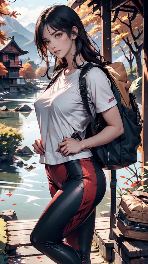 24-year-old woman、Sexy proportions、Long eyelashes、eye shadow、lipstick、Sexy、erotic、Wear a T-shirt、Wear leggings、Wear trekking shoes、Backpack、Autumn mountain trekking、Walking along the lakeside mountain path