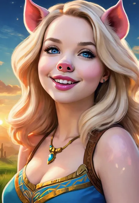 Create an illustrated, hand-drawn, full-color image of an  humanoid, hybrid, anthropomorphic,  sexy pig woman. The artwork should be rendered in the style of "Breath of the Wild," featuring warm lighting and shadows. Include graphite shading, stencil marks...