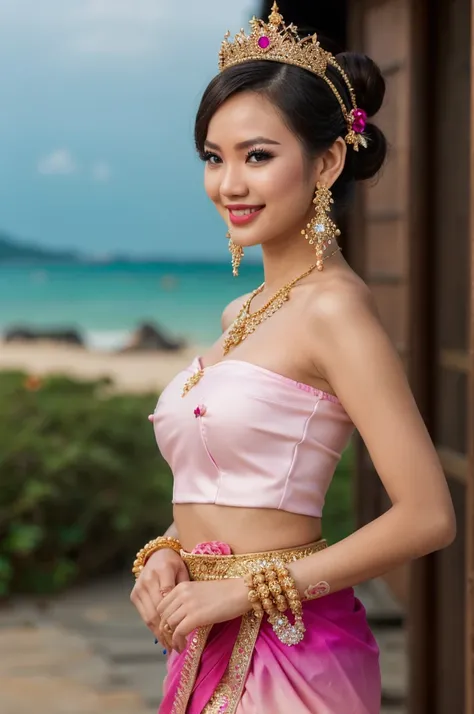 (masterpiece), best quality, ultra high res, , (princess:1.3), standing, (NSFW), lace underwear, beautiful face,( thailand tradition house:1.3),,(cute girl:1.3), ( thai ombre magenta pink detailed traditional dress:1.3),(traditional body strap:1.2) big  ,d...