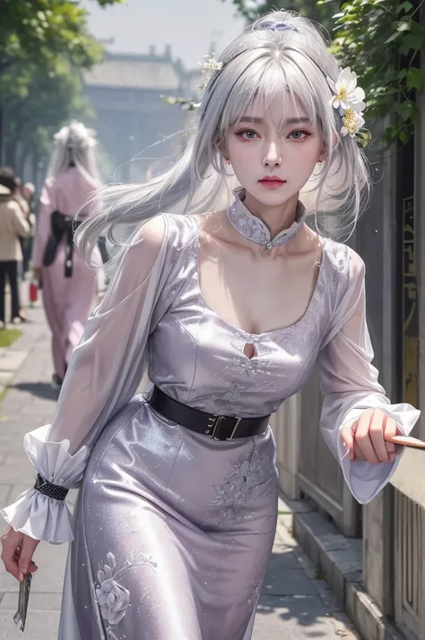 masterpiece, best quality, night, Full Moon, 1 girl, Mature woman, Chinese, China, elder sister, Royal elder sister, Cold expression, Poker face, Silver-white hair woman, Light pink lips, calm, Intellectuals, Three belts, Gray pupil, assassin, Short knife,...