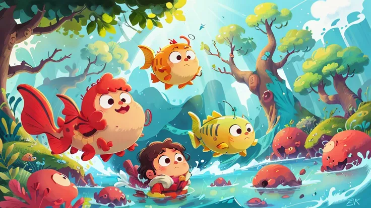 This illustration is a 4K high-definition illustration，The facial features are rich in detail，Cartoon Style，Cartoon Animals 5.1，cute，ocean，Big fish，ocean元素，There is only one fish，No trees，No water surface