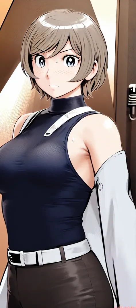 (short hair:1.2),Sleeveless、Black Shirt, turtleneck,White trousers、uniform、Black belt、((People illustrations))、Big Breasts、
View your audience,, (Highest quality:1.3),One Girl, White pants、uniform、blue eyes、Tight black shirt、(masterpiece、Highest quality)、H...