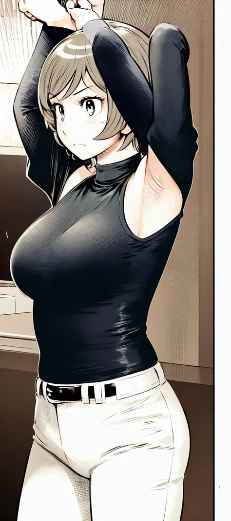 (short hair:1.2),Sleeveless、Black Shirt, turtleneck,White trousers、uniform、Black belt、((People illustrations))、Big Breasts、
View your audience,, (Highest quality:1.3),One Girl, White pants、uniform、blue eyes、Tight black shirt、(masterpiece、Highest quality)、H...