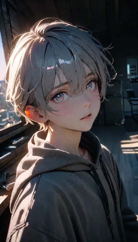 (8K, RAW photos, best quality, masterpiece: 1.4), (((The boy looked at the broken things around him)))，Ultra-high resolution, Extremely detailed, light, Panorama close-up, handsome boy, black eyes, (delicate eyes, Eyes are bright:1.2), Gray short hair, Fai...