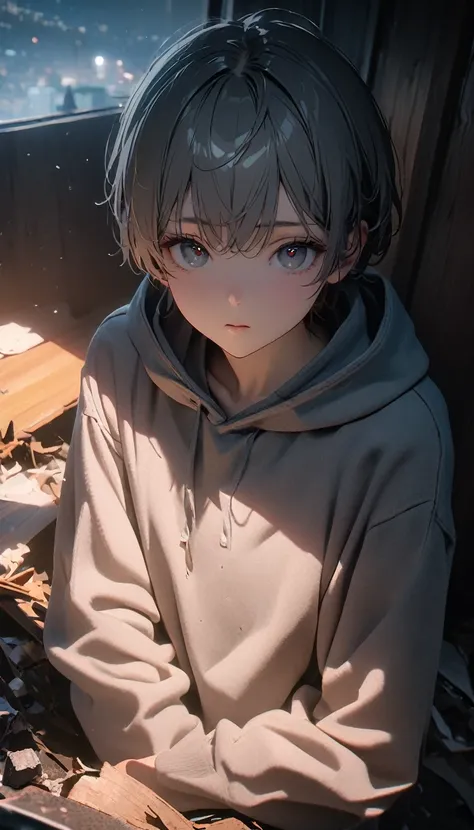 (8K, RAW photos, best quality, masterpiece: 1.4), (((The boy looked at the broken things around him)))，Ultra-high resolution, Extremely detailed, light, Panorama close-up, handsome boy, black eyes, (delicate eyes, Eyes are bright:1.2), Gray short hair, Fai...