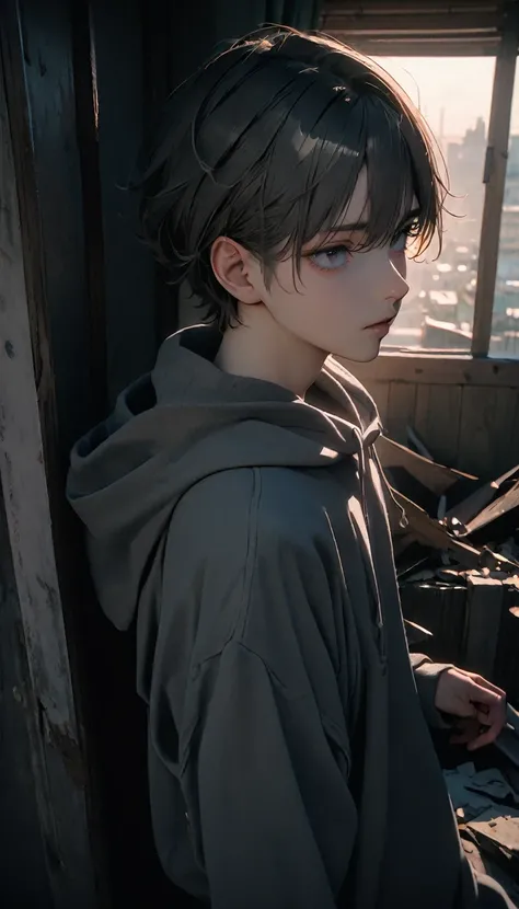 (8K, RAW photos, best quality, masterpiece: 1.4), (((The boy looked at the broken things around him)))，Ultra-high resolution, Extremely detailed, light, Panorama close-up, handsome boy, black eyes, (delicate eyes, Eyes are bright:1.2), Gray short hair, Fai...