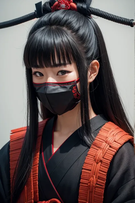 Woman wearing samurai mask 
