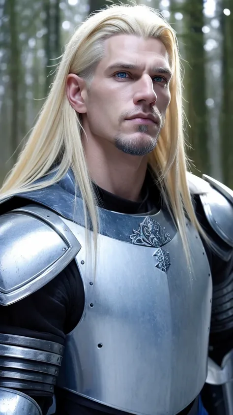 russian man,age 38, extremely blonde hair , blue colored eyes, goatee, fine nose, brawny, with silver armor, holding a long-bladed sword, in a snowy forest