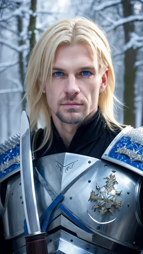 russian man,age 38, extremely blonde hair , blue colored eyes, goatee, fine nose, brawny, with silver armor, holding a long-bladed sword, in a snowy forest