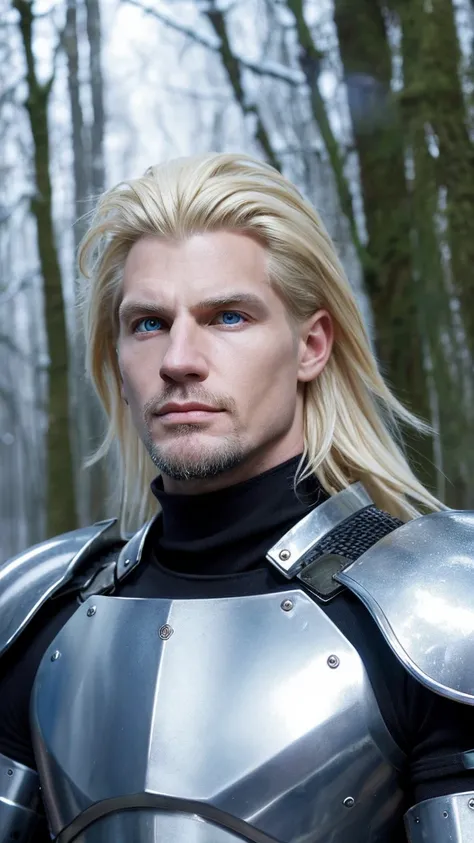 russian man,age 38, extremely blonde hair , blue colored eyes, goatee, fine nose, brawny, with silver armor, holding a long-bladed sword, in a snowy forest