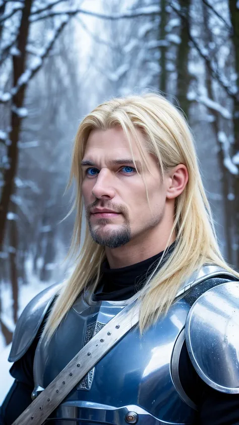 russian man,age 38, extremely blonde hair , blue colored eyes, goatee, fine nose, brawny, with silver armor, holding a long-bladed sword, in a snowy forest