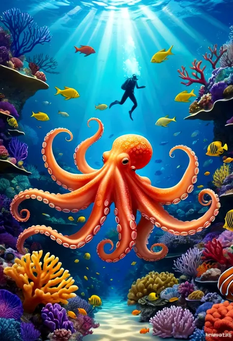 The background of the illustration is a wide and bright sea. A swimming octopus,  There is a beautiful area of coral reefs in the sea，Corals are colorful and diverse，It emits a colorful glow，Small fishes are swimming freely around.，The whole illustration i...