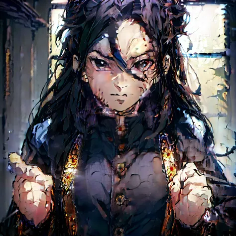 (best quality,ultra detailed,realist:1.37),high resolution(4k,8k),portrait,demon slayer character,black hair with blue,semi long...