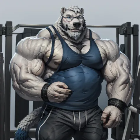 solo, 1boy, Huge Muscular old White Polar Bear wearing glasses, huge white fur, pectoral, huge pectoral, wide pectoral, short white hair, blue colored short pants, blue colored wristbands and blue colored tank top, white bearded, white Mustache, white fur,...