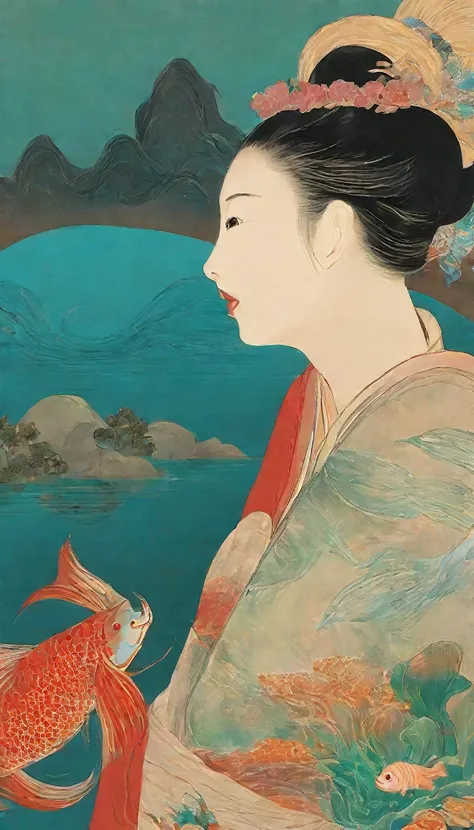 Close-up of a poster，It shows a woman and a fish in a pond., Inspired by Xiao Yuncong, Inspired by Xie Shichen, Ghost Festival, author：Xia Chang, inspired author：Xia Gui, Inspired by Li Shixing, Inspired by Zhou Shuxi, Inspired by Ye Xin, Inspired by the S...