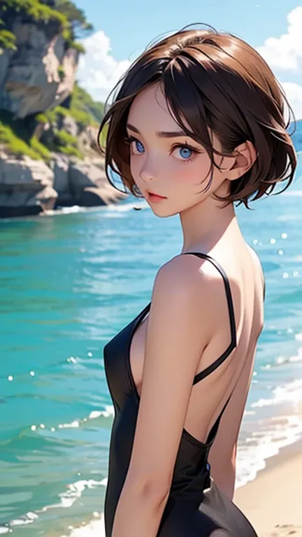 highest quality、Realistic、Chestnut Hair、Light blue eyes、Very Short Hair、Bodysuits、Tanned black body、Full make-up、Tan、Brown Skin、slender、Sweat、Ocean、Back view