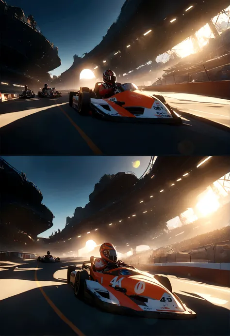 Professional kart racing, cinematic lighting, ray tracing, lens flare, multiple views, from above, wide shot, close-up, UHD, retina, accurate, textured skin, super detail, high details, high quality, highres, 4K