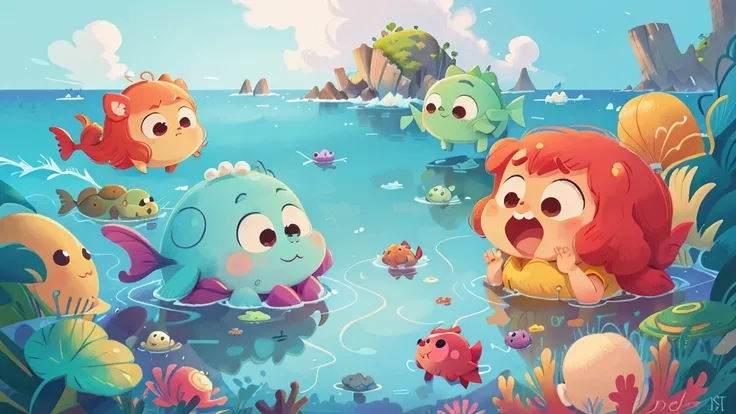 This illustration is a 4K high-definition illustration，The facial features are rich in detail，Cartoon Style，Cartoon Animals 5.1，cute，ocean，ocean元素，A beautiful big fish，bubble，pearl，shell，coral，