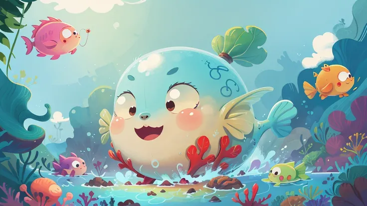 This illustration is a 4K high-definition illustration，The facial features are rich in detail，Cartoon Style，Cartoon Animals 5.1，cute，ocean，ocean元素，A beautiful big fish，bubble，pearl，shell，coral，