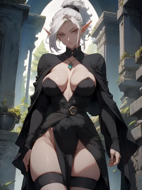 pointy ears, 1girl, big breasts, alone, elf, dark elf, cleavage, big breasts, ponytail, no clothes, sample breasts, dark skin,goblin girl ,goblin girl,gardevoir, android, white skin, glowing eyes, specterdef, nun, habit, black dress, long sleeves, capelet,...