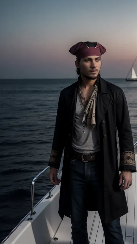 Dark painting, Young pirate standing on a sailboat, (20～Age 25), Beautiful Face, Wearing a bandana on his head, Ship in the Background, Cinematic, Movie stills, Detailed dark background, High detail, masterpiece, masterpieceальное качество, A strip of dawn...