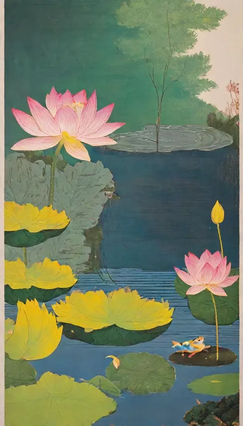 Close-up of a poster，Lotus，A fish in the pond，Willow