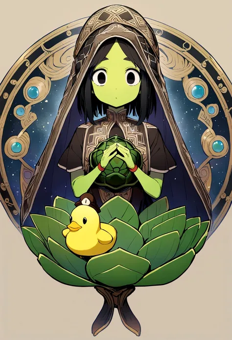 kappa boy, black hair, big round black eyes, yellow duck beak, green skin, brown turtle shell, holding lotus leaf