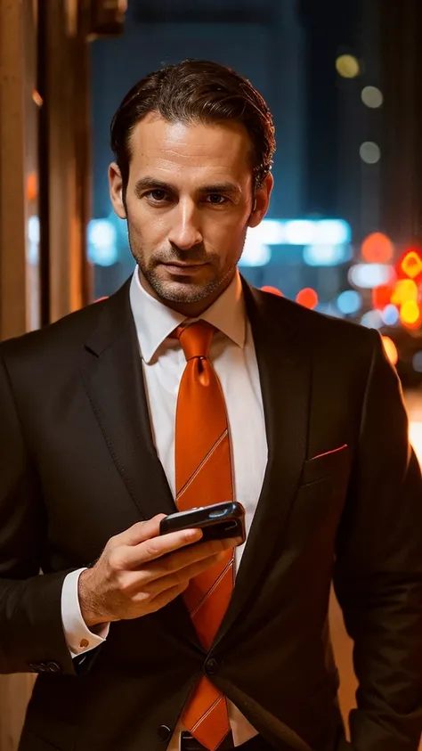 French Man, age 38, brownhair , orange brown eyes,  fine nose, brawny, Black Suit, red necktie , holding a cell phone , in a dark big city