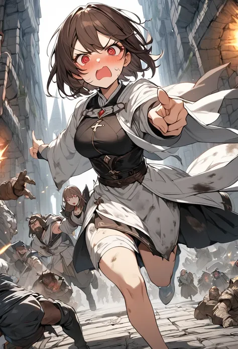 Adult female, dark fantasy, very short brown hair, red eyes, cleric, black on white cleric robes, blushing, angry, dungeon, pointing, running from monsters, highly detailed, high quality, perfect eyes, expressive eyes, dirty, cuts