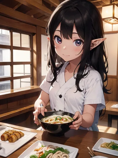 High resolution, 8K Ultra HD, ((ink and painting)),J((one girl elf)), inside japanese soba restaurant. An elf is eating, very wide udon served in a small bowl. There is nothing in the colander except white udon. A black-haired elf , naked.