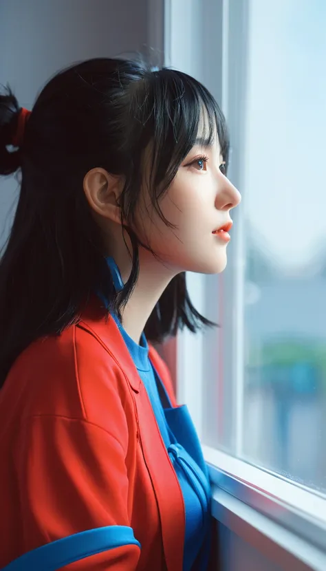 Picture of a girl in red and blue clothes looking out the window, Wojtek Fuss, Ross Tran 8k, cgsociety 8 k, cgsociety 8k, cgsociety 8k, Realistic anime 3D style, Artgerm 和 Atey Ghailan, Ilya Kuvshinov. 4K, CG Club, cgsociety Inspiration