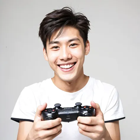 male　youth　university student　japanese　japanese 　a big smile　holding a game controller in hand　exciting　looking at the camera　hi...