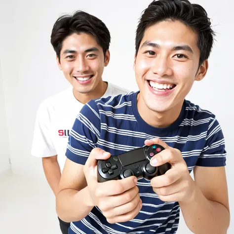 male　youth　university student　japanese　japanese 　a big smile　holding a game controller in hand　exciting　looking at the camera　hi...