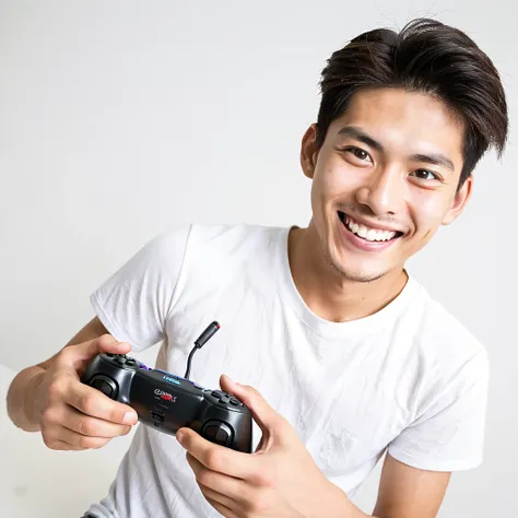 male　youth　university student　japanese　japanese 　a big smile　holding a game controller in hand　exciting　looking at the camera　hi...